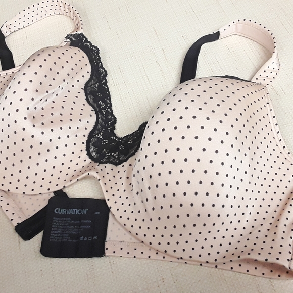 Curvation Other - Pink Polka Dot Black Lace Bra Curvation 40C